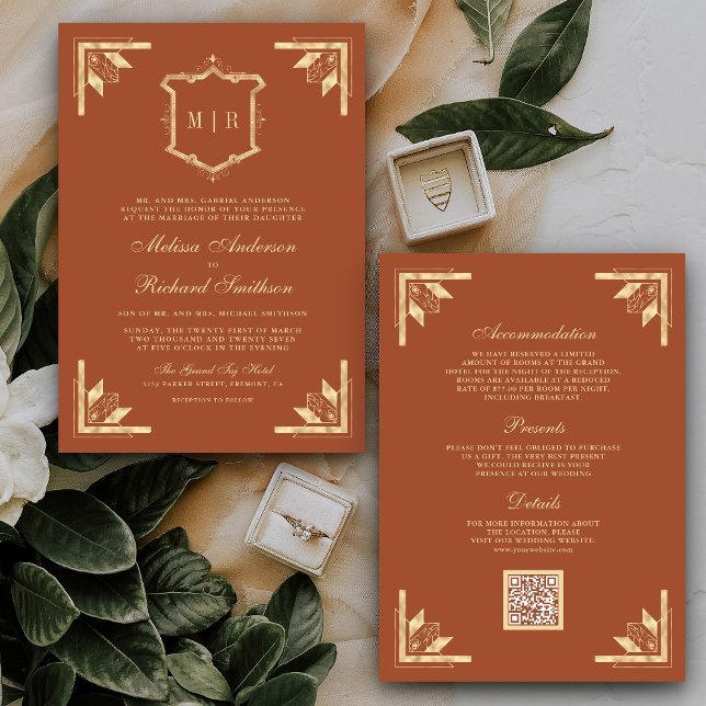 Invitation Monogramme en or Crest QR Code Mariage en terre cu (Créateur téléchargé)