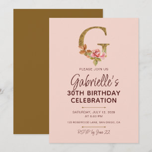 Invitation Monogramme en or de la lettre G Roses roses blush