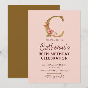 Invitation Monogramme en or lettre C Roses roses blush