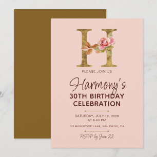 Invitation Monogramme en or lettre H Roses rose poudré
