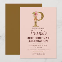 Monogramme en or lettre P Roses roses blush