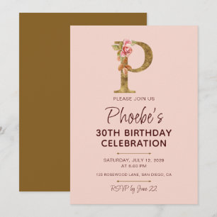 Invitation Monogramme en or lettre P Roses roses blush