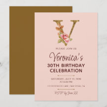 Monogramme en or lettre V Roses rose pâle