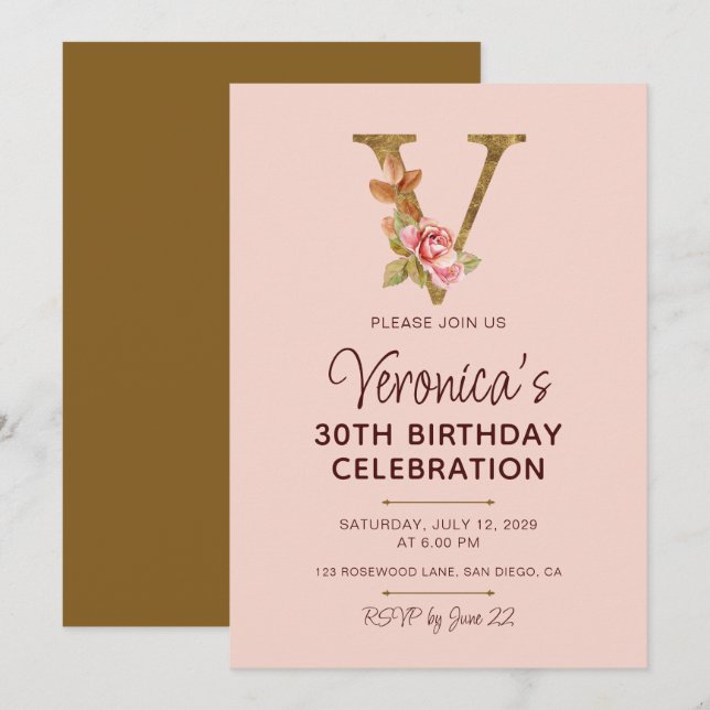 Invitation Monogramme en or lettre V Roses rose pâle (Devant / Derrière)
