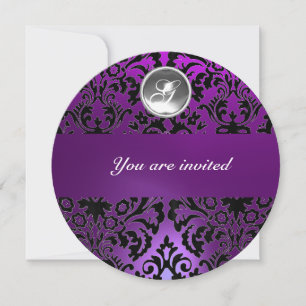 INVITATION MONOGRAMME EN PIERRE DE GEM NOIR & PURPLE DAMASK