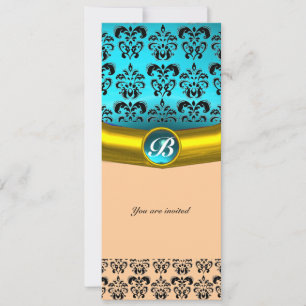 Invitation MONOGRAMME EN PIERRE GEMME DAMASK , turquoise bleu
