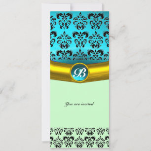 Invitation MONOGRAMME EN PIERRE GEMME DE DAMAS, turquoise ble
