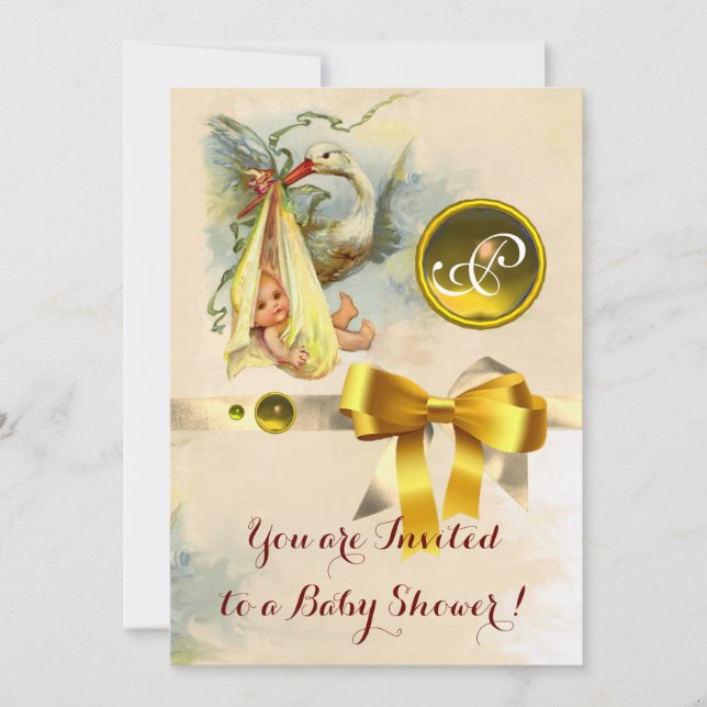INVITATION MONOGRAMME EN PIERRE JAUNE DU BABY SHOWER NEUTRE (Devant)