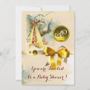 INVITATION MONOGRAMME EN PIERRE JAUNE DU BABY SHOWER NEUTRE