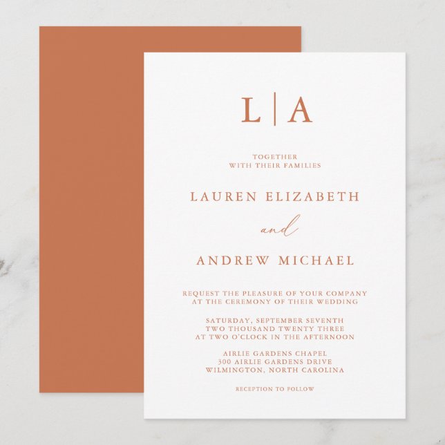 Invitation Monogramme en terre cuite Simple minimaliste Maria (Devant / Derrière)