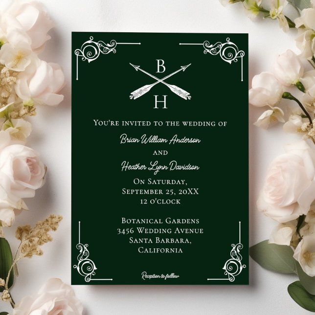 Invitation Monogramme et Mariage des flèches Emerald Green (Emerald Green Monogram and Arrows Wedding Invitation)