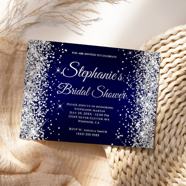 Invitation Monogramme fantaisie de la marine de Parties scint (Modern navy and faux silver glitter Bridal Shower invite.)