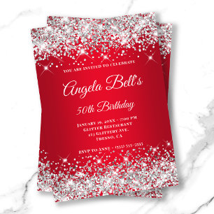 Invitation Monogramme fantaisie paillettes argent ombre rouge