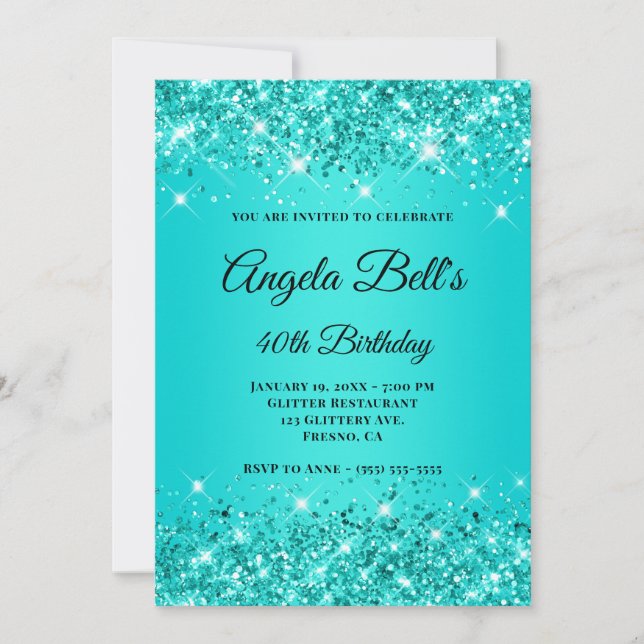 Invitation Monogramme fantaisie Turquoise Turquoise Glittery  (Devant)