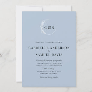 Invitation Monogramme feuille couronne Mariage bleu foncé min