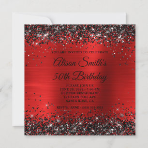 Invitation Monogramme Feuille de Rouge Paillettes Noires 50e