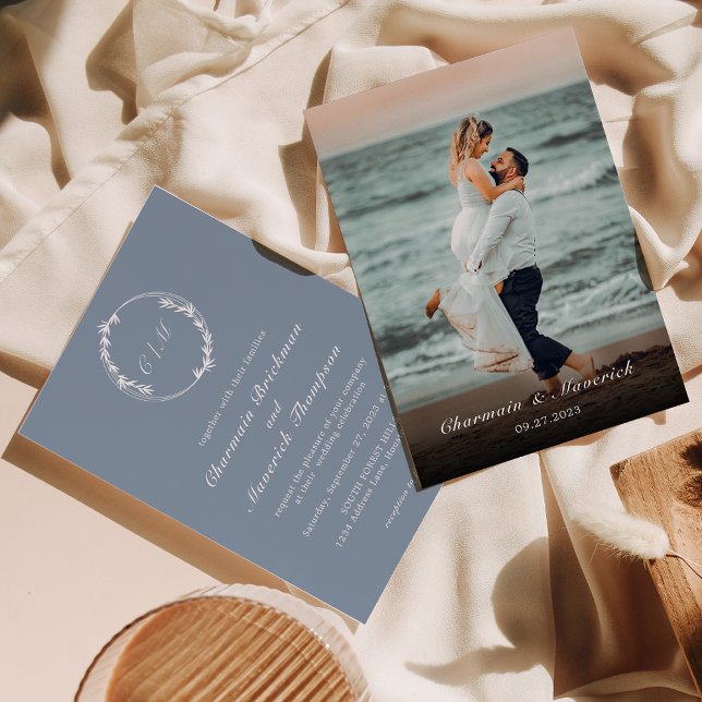 Invitation Monogramme feuille Dusty Blue Photo Mariage (Créateur téléchargé)