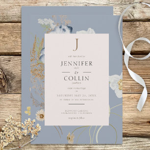 Invitation Monogramme Fleur sauvage rustique Dusty Blue