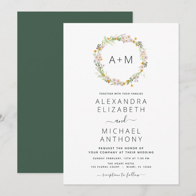 Invitation Monogramme Fleurs sauvages Emerald Mariage (Devant / Derrière)