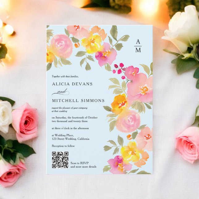 Invitation monogramme floral chic code Qr photo bleu mariage (Floral monogram chic Qr code photo blue wedding Invitation)
