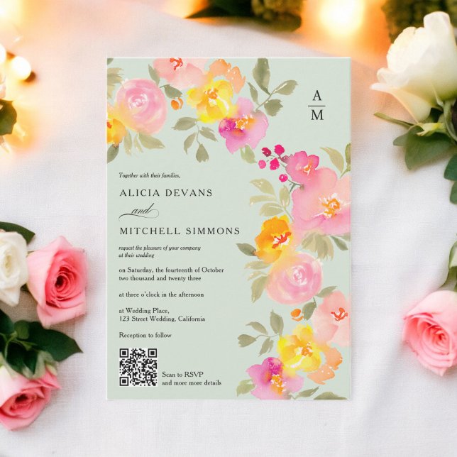 Invitation monogramme floral chic code Qr photo mariage vert (Floral monogram chic Qr code photo green wedding Invitation)