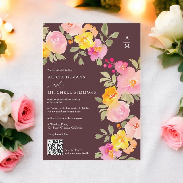 Invitation monogramme floral code Qr photo mariage brun (Floral monogram Qr code photo brown wedding Invitation)