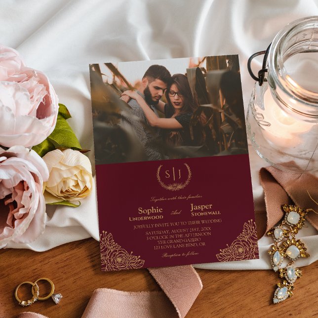 Invitation Monogramme floral d'or de Bourgogne Mariage photo  (Créateur téléchargé)