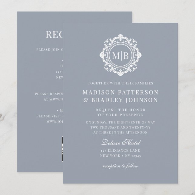 Invitation Monogramme Floral Orné Mariage Élégant Argent (Devant / Derrière)