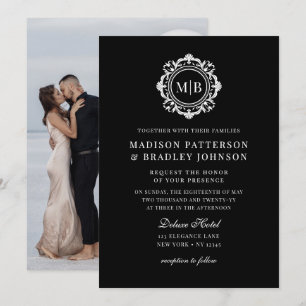 Invitation Monogramme Floral Orné Mariage Élégant noir blanc