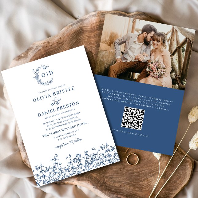 Invitation Monogramme floral Photo QR Code Marine Mariage ble (Créateur téléchargé)