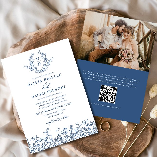 Invitation Monogramme floral Photo QR Code Marine Mariage ble (Créateur téléchargé)