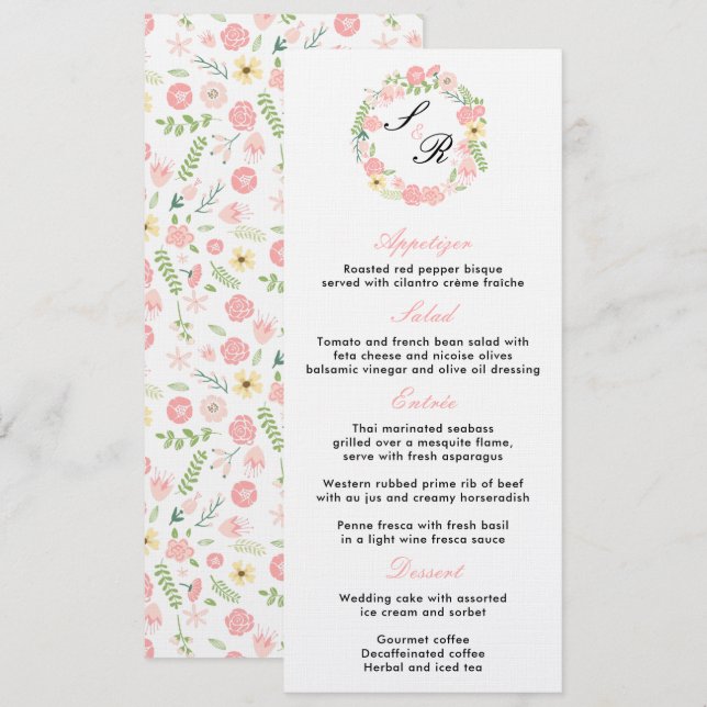 Invitation Monogramme Floral Wreath Wedding Party Menu (Devant / Derrière)