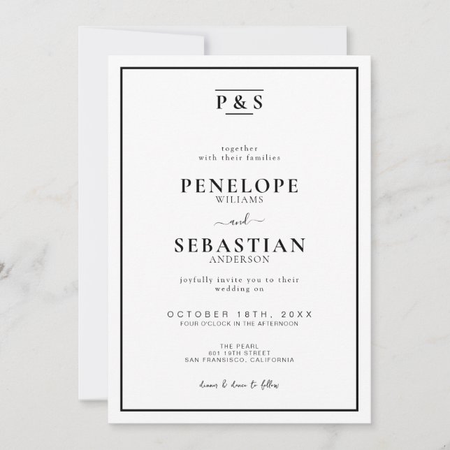 Invitation Monogramme Formel Noir & Blanc Tout en un Mariage (Devant)