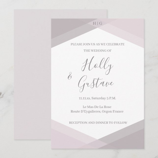 Invitation Monogramme géométrique rose gris moderne Mariage c (Devant / Derrière)