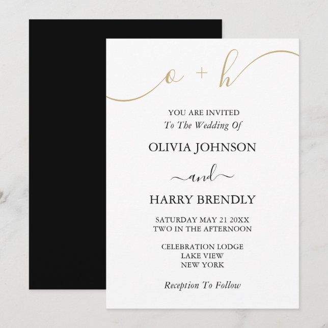 Invitation Monogramme Gold Black White (Devant / Derrière)