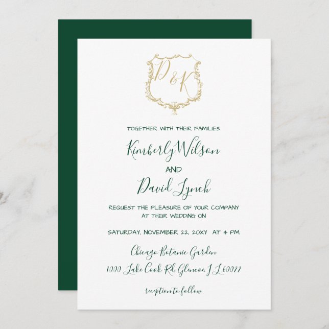 Invitation Monogramme Gold Crest et Mariage vert de forêt (Devant / Derrière)