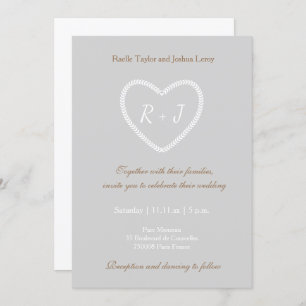 Invitation Monogramme Gris Blanc Or Coeur en forme de Mariage