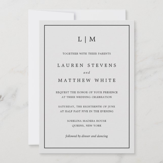 Invitation Monogramme gris clair simple Mariage élégant (Devant)