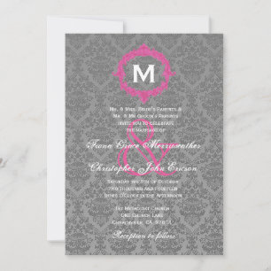 Invitation Monogramme gris et rose Damas Mariage V027B