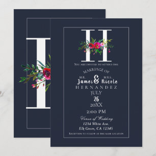 Invitation Monogramme H Initiale Moderne Fleur Bleue Mariage