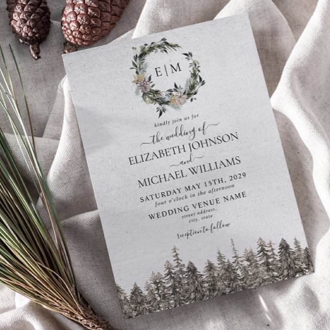 Invitation Monogramme Hiver Aquarelle Florale Mariage de cour (Winter Wedding Invitation)