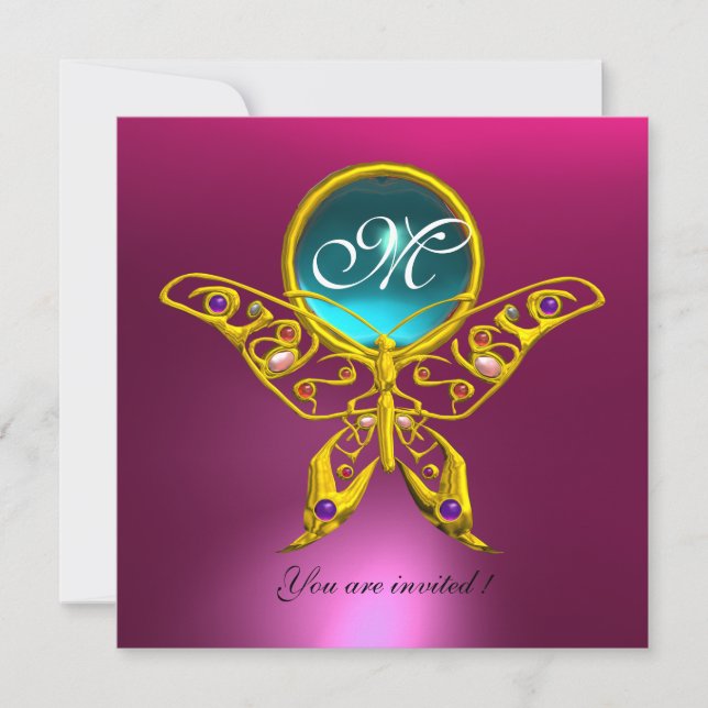 Invitation MONOGRAMME HYPER BUTTERFLY, bleu, rose aquamarine (Devant)