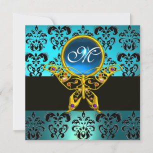 Invitation MONOGRAMME HYPER BUTTERFLY, saphir damassé bleu
