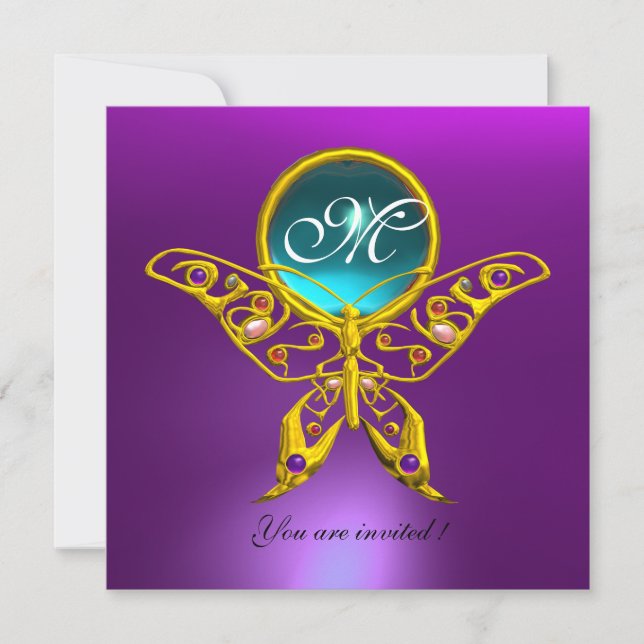 Invitation MONOGRAMME HYPER BUTTERFLY, violet, bleu, aquamari (Devant)