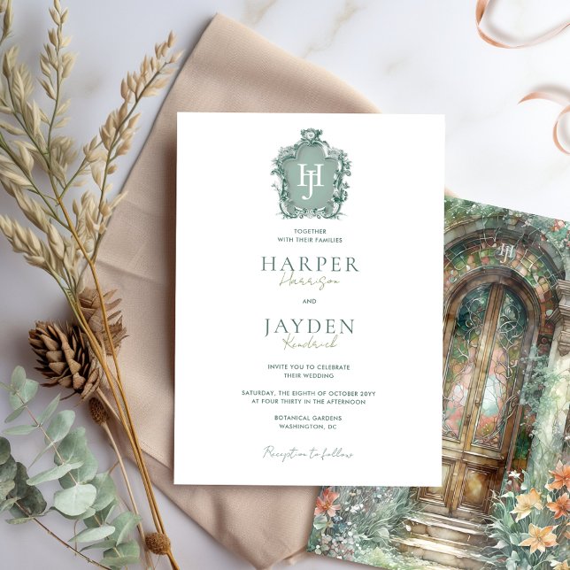 Invitation Monogramme intemporel, vert terre et Mariage blanc (Créateur téléchargé)