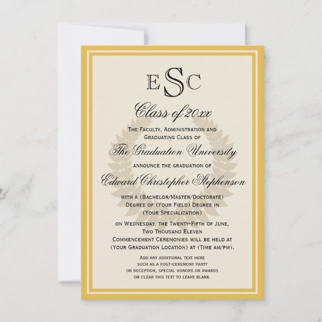 Invitation Monogramme jaune Laurel Classic College (Devant)