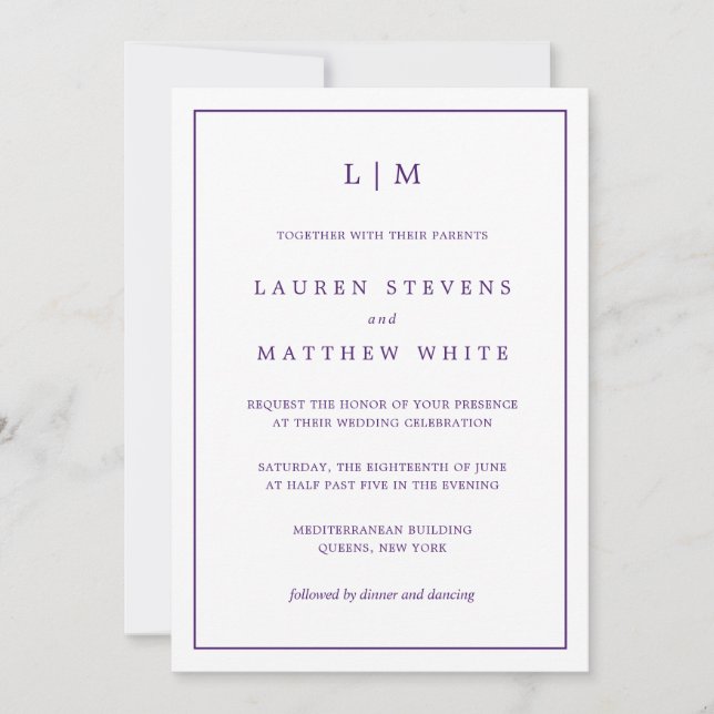 Invitation Monogramme Joyau Tone Violet Tout en un Mariage (Devant)