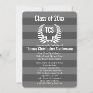 Invitation Monogramme Laurel Stripe Grey Graduation