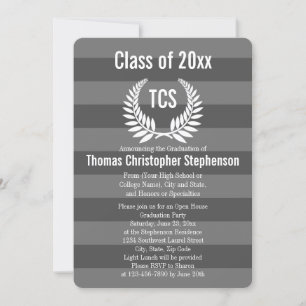 Invitation Monogramme Laurel Stripe Grey Graduation