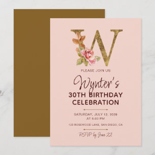 Invitation Monogramme lettre W or roses rose poudré